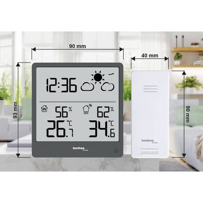Station météorologique numérique affichant : heure 12:36, humidité intérieure 56%, température 26,7°C, humidité extérieure 62%, température 34,6°C.