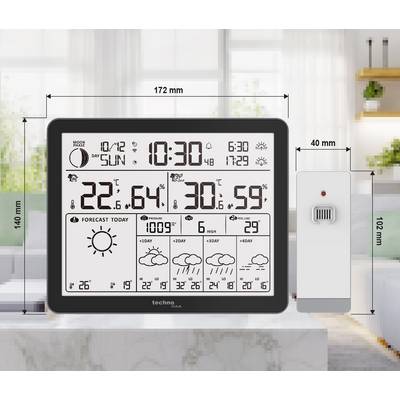 Un affichage de station météorologique numérique présente les prévisions avec la température, l'humidité et les icônes météorologiques futures ; les dimensions sont notées.