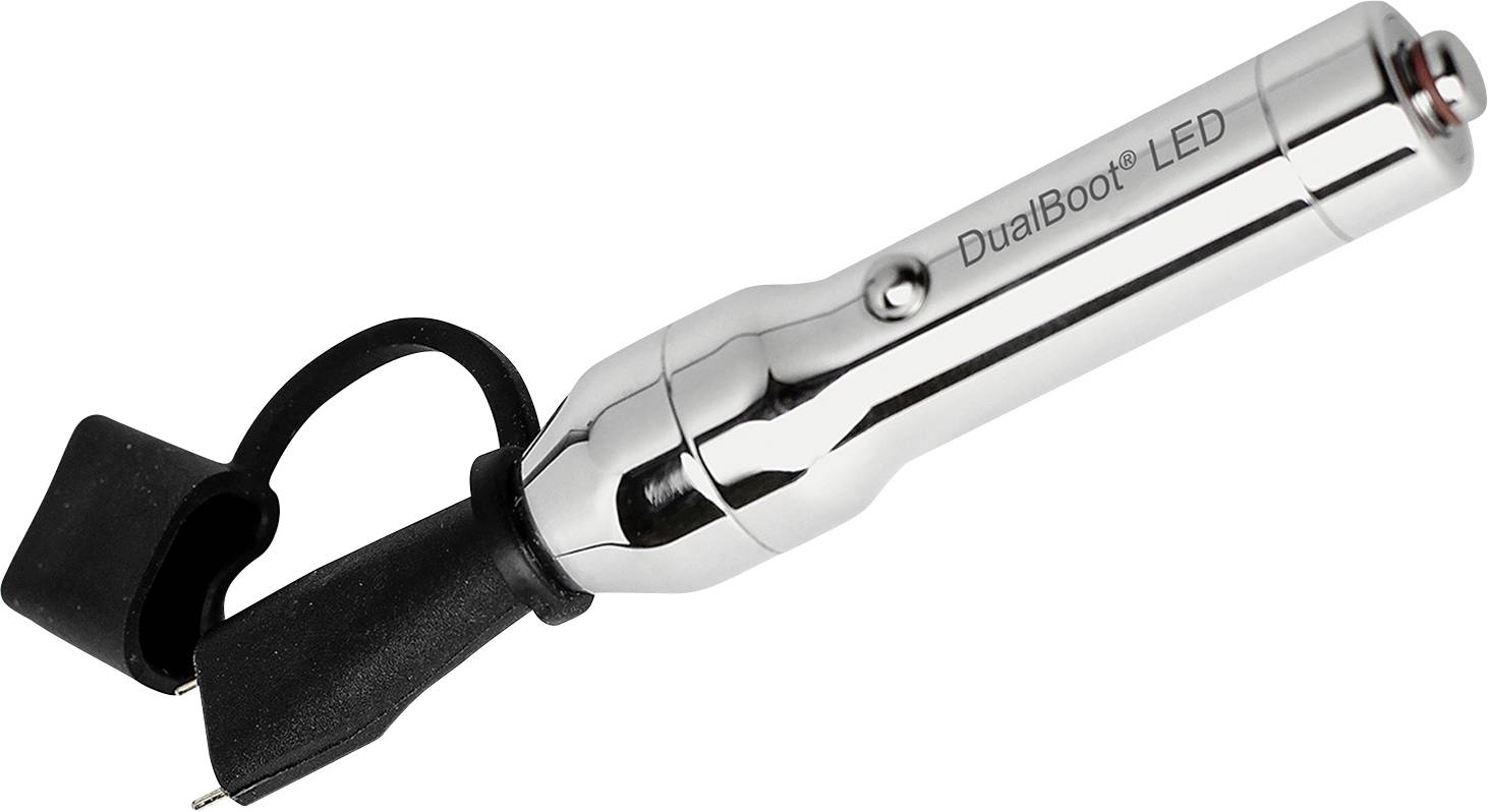 Un lampe de poche LED métallique étiquetée 'DualBoot LED' avec une poignée en caoutchouc noir et une sangle, légèrement inclinée vers le haut, sur un fond uni.