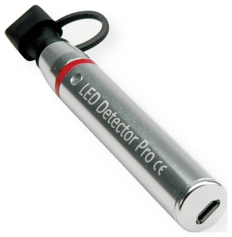 Un appareil élégant et cylindrique étiqueté « Détecteur LED Pro », doté d'un port USB-C à une extrémité et d'un capuchon noir à l'autre, utilisé pour détecter les LED.