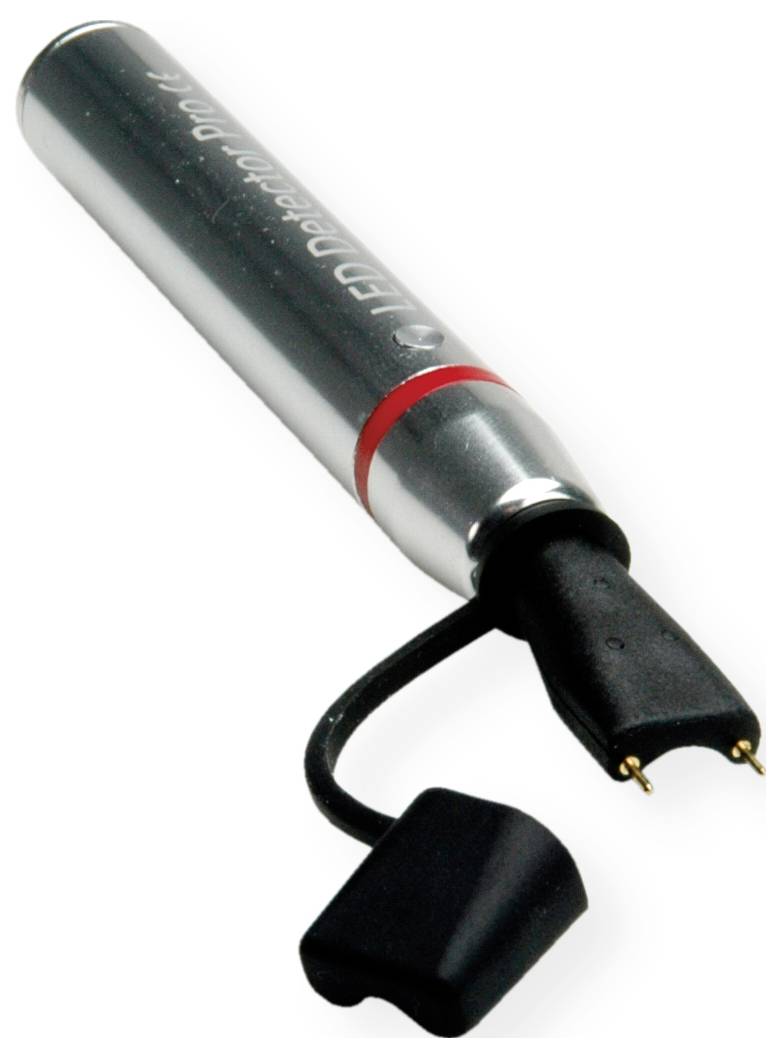 Lampe stylo LED avec un corps métallique, anneau rouge près du sommet et un capuchon protecteur amovible à l'extrémité.