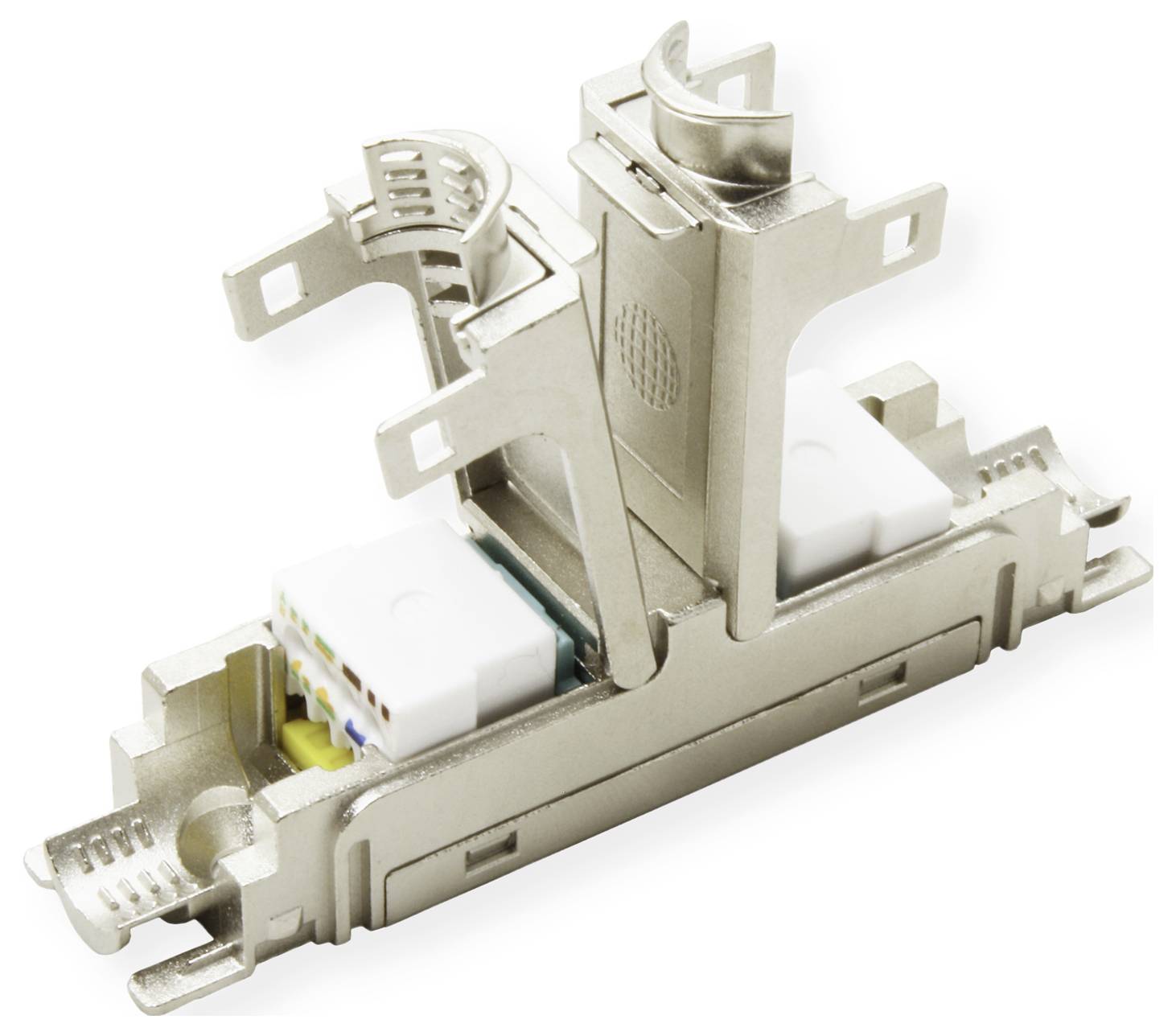 Un connecteur RJ45 métallique avec des loquets en plastique ouverts, conçu pour les câbles Ethernet. Il présente plusieurs points de connexion pour les fils.