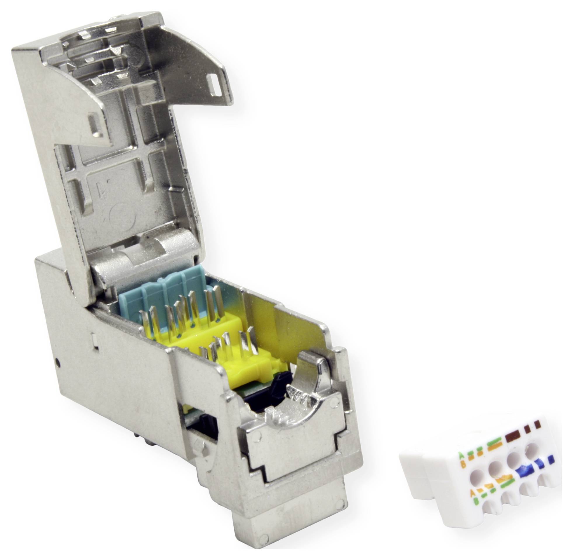 Un jack Ethernet à punch-down métallique ouvert avec des emplacements pour fils codés par couleur, à côté d'une pièce en plastique séparée servant à l'alignement des fils.