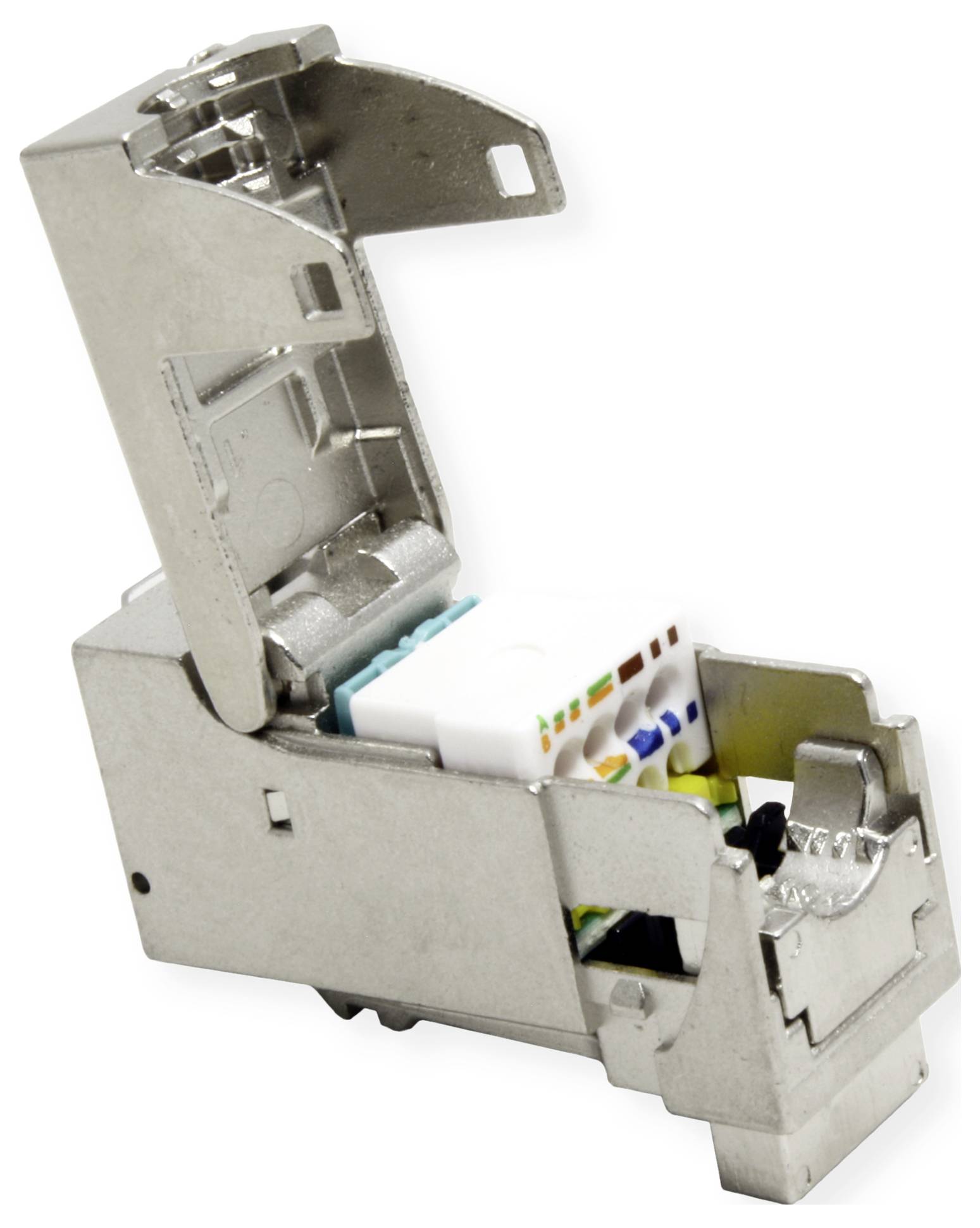 Un jack keystone métallique ouvert montrant les connexions internes, utilisé pour les câbles réseau. Les emplacements de câblage exposés affichent des étiquettes codées par couleur.