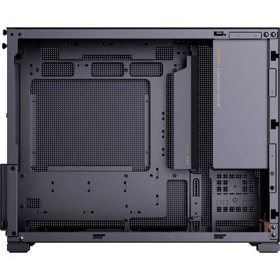 Intérieur d'un boîtier d'ordinateur montrant la disposition de la carte mère, les points de fixation et les fonctionnalités de gestion des câbles pour un montage de PC efficace.