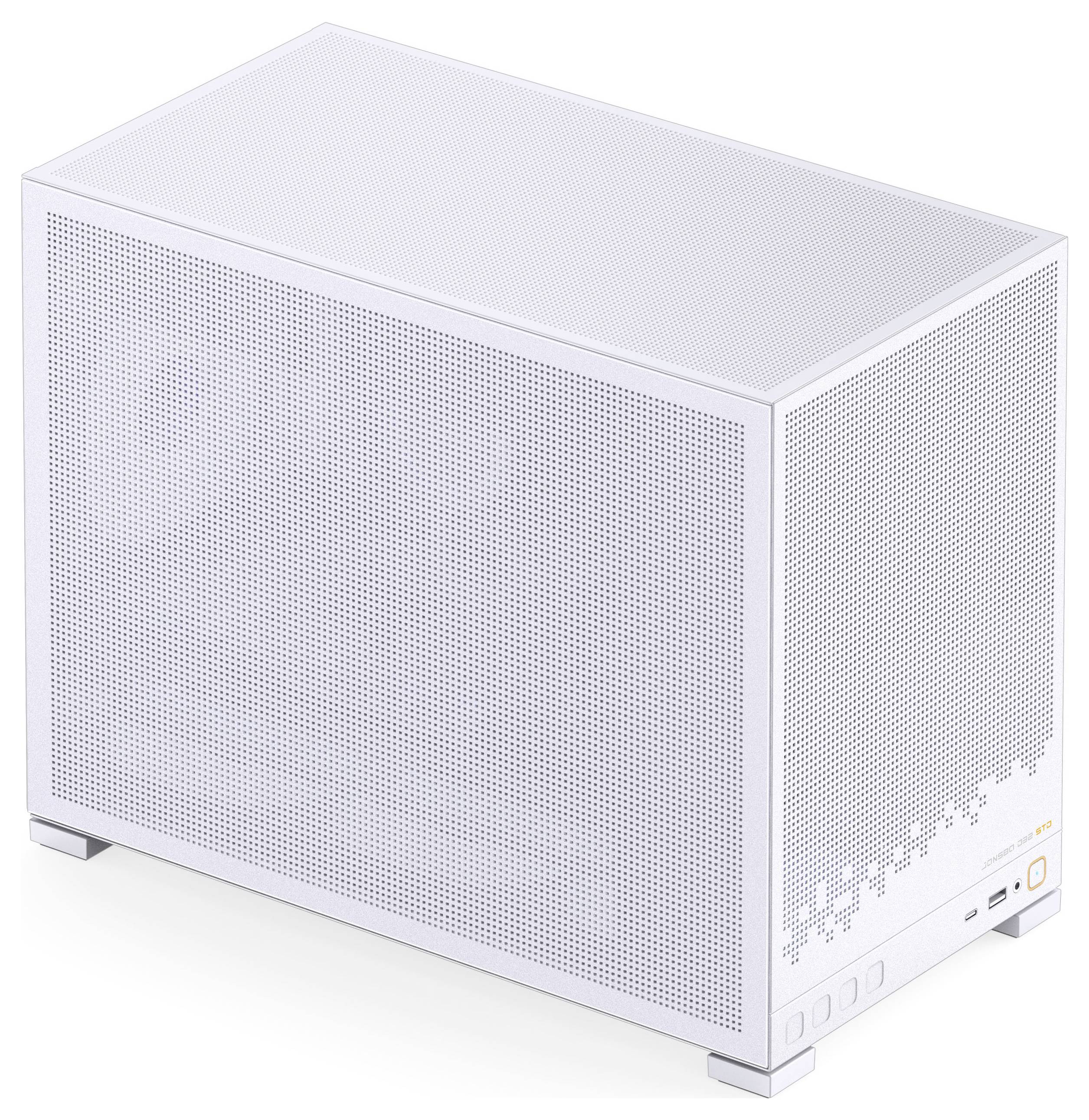 Un boîtier d'ordinateur blanc, rectangulaire, au design minimaliste avec des perforations, comprenant des ports sur le panneau avant, notamment un bouton d'alimentation et des connexions USB.
