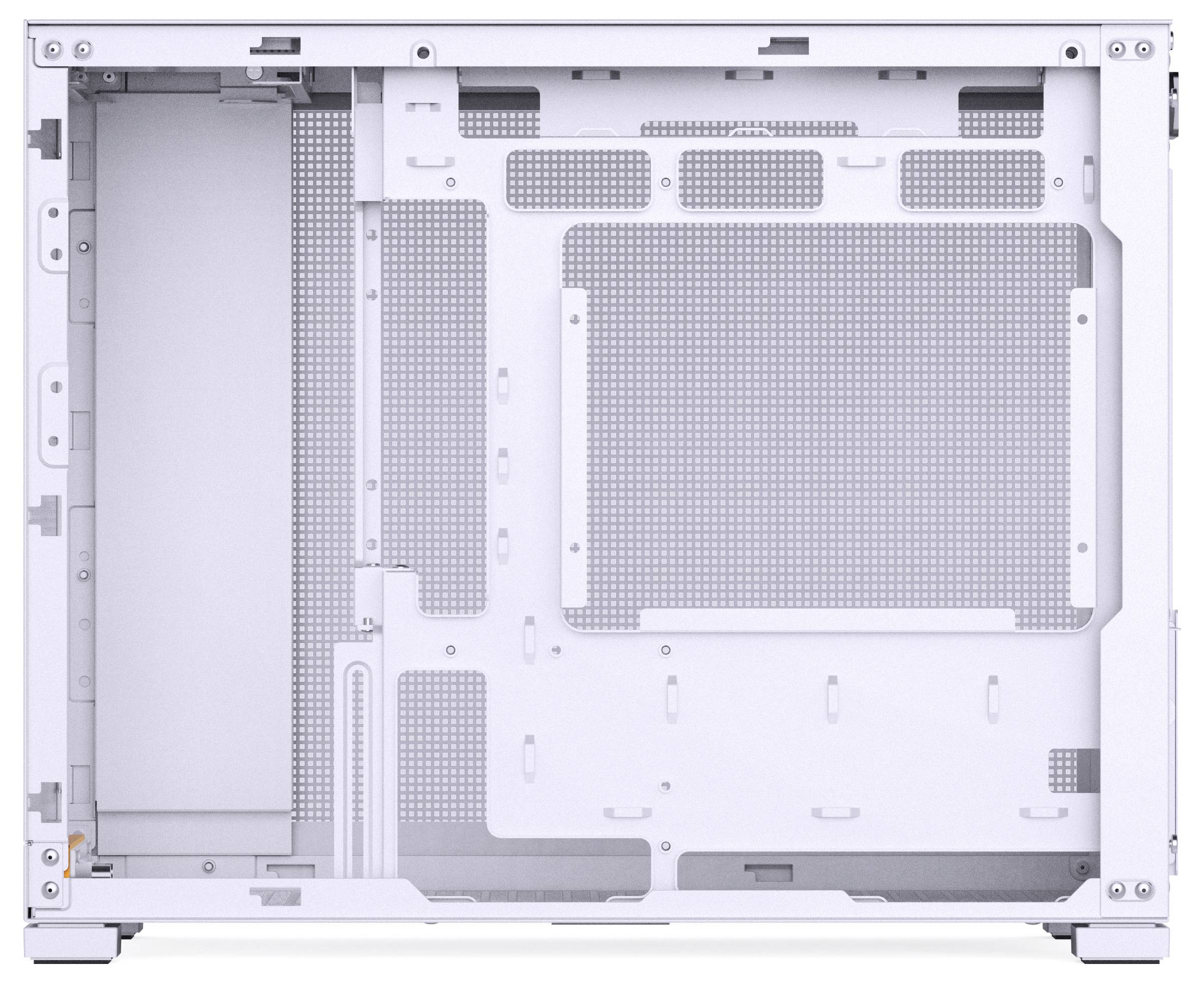 Intérieur d'un boîtier PC blanc ouvert avec des zones de montage pour la carte mère, l'alimentation et les composants ; les panneaux grillagés suggèrent un design favorisant la circulation de l'air.