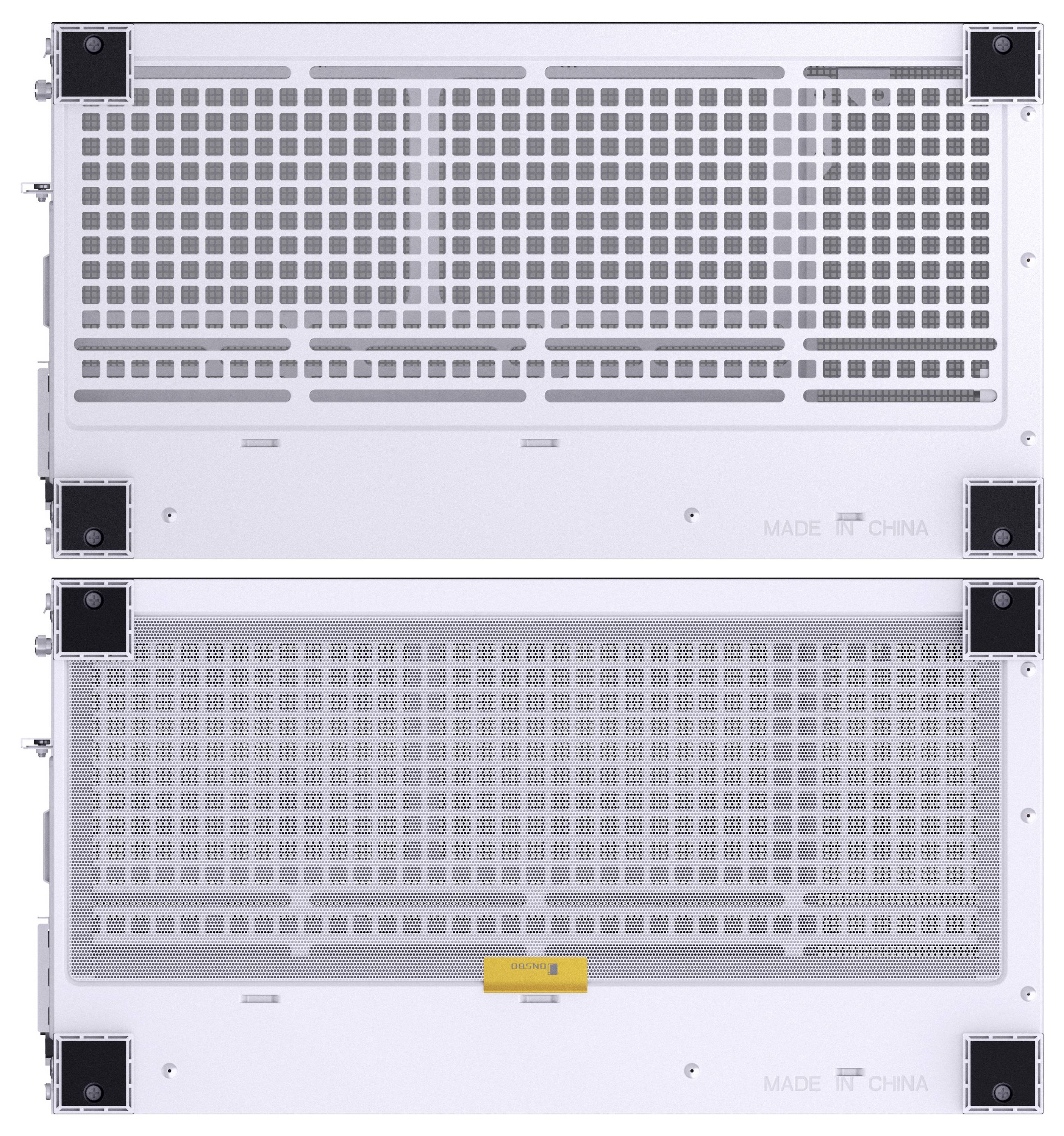 Deux unités électroniques avec des panneaux perforés ; l'unité inférieure porte une étiquette jaune. Les deux sont marquées « FABRIQUÉ EN CHINE ».