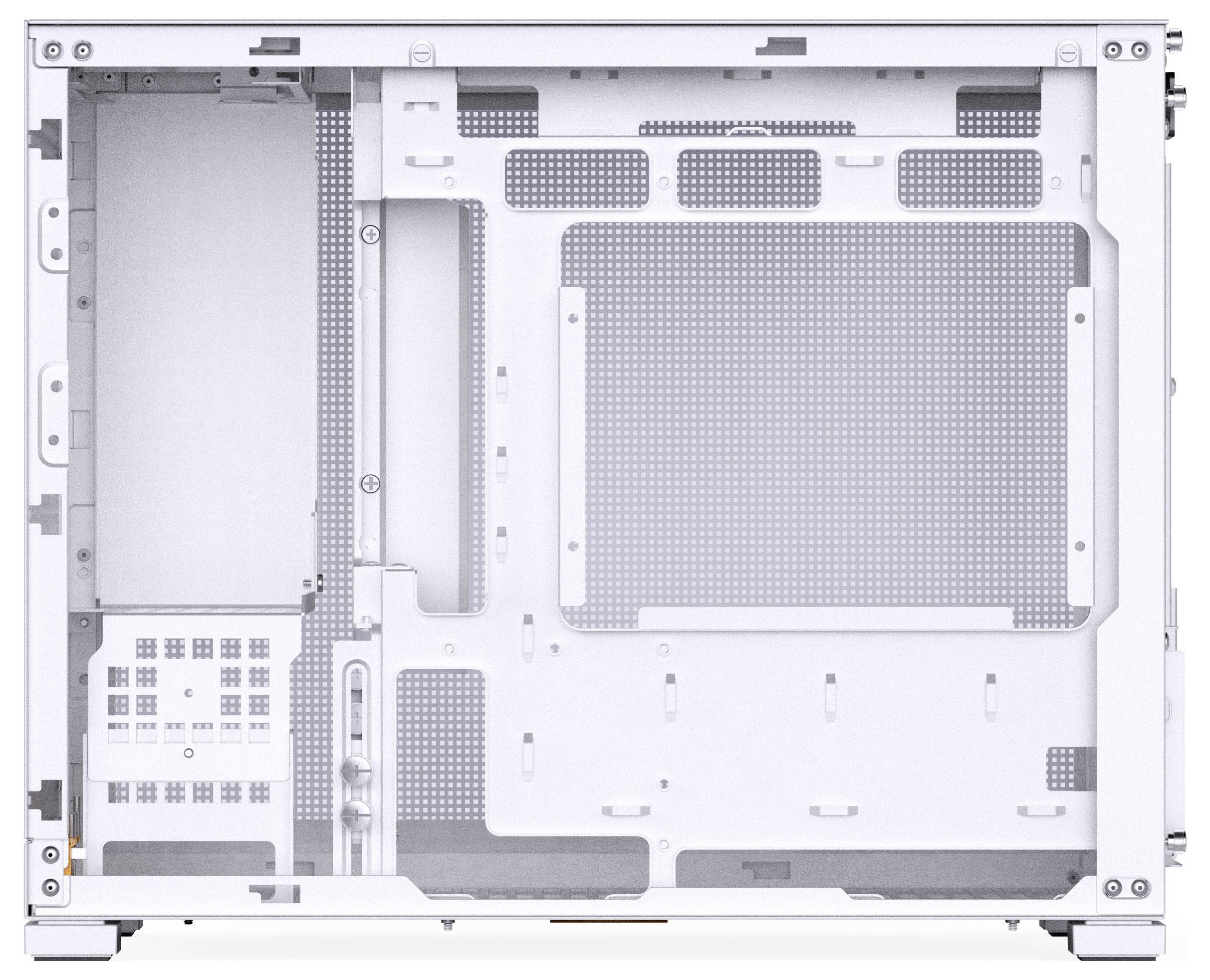 Intérieur de boîtier d'ordinateur blanc avec des points de fixation visibles pour la carte mère et les composants, présentant des trous de gestion des câbles et une large grille de ventilateur.