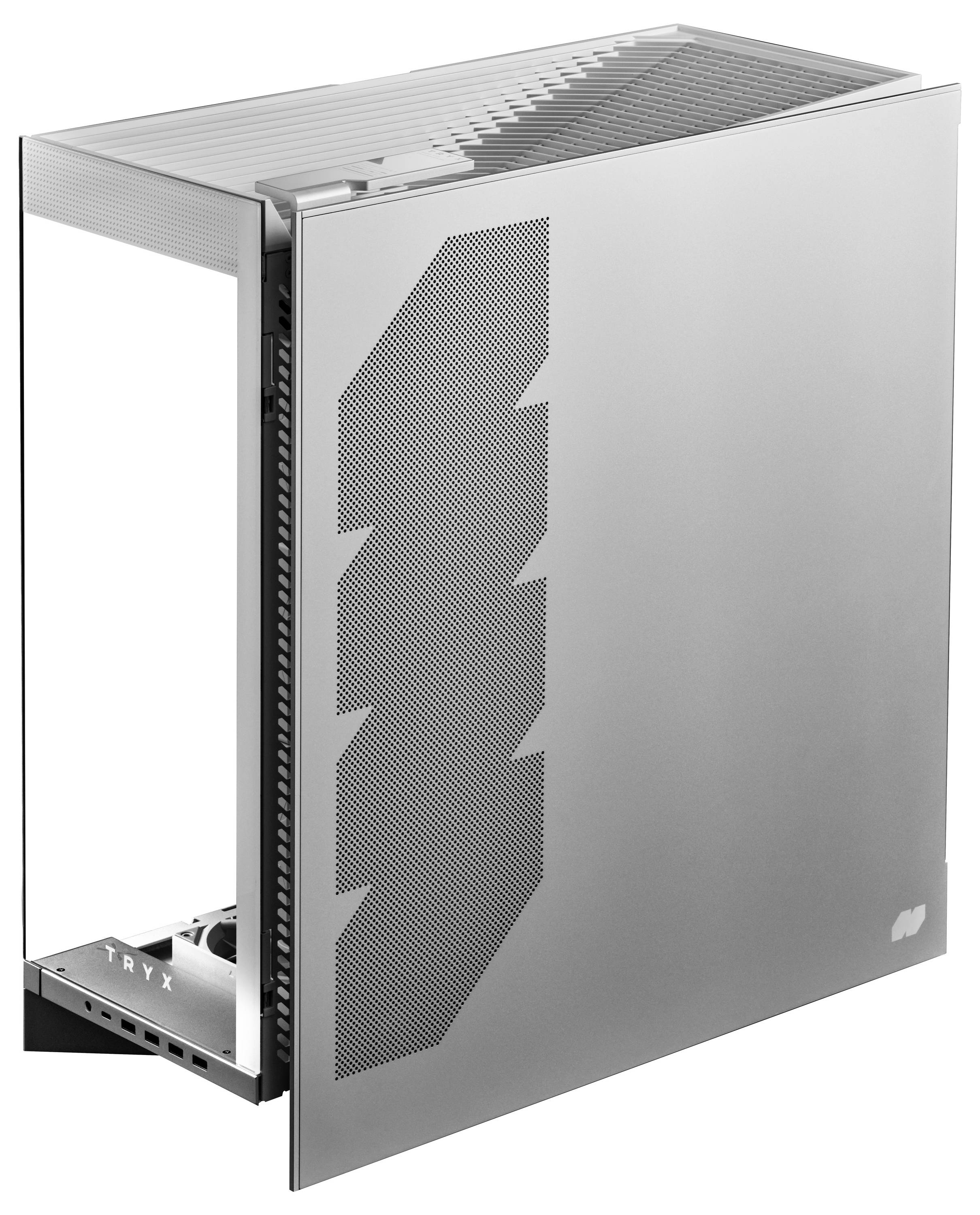 Une tour d'ordinateur élégante en argent avec un motif de ventilation géométrique sur le panneau latéral, illustrant un design minimaliste et moderne.