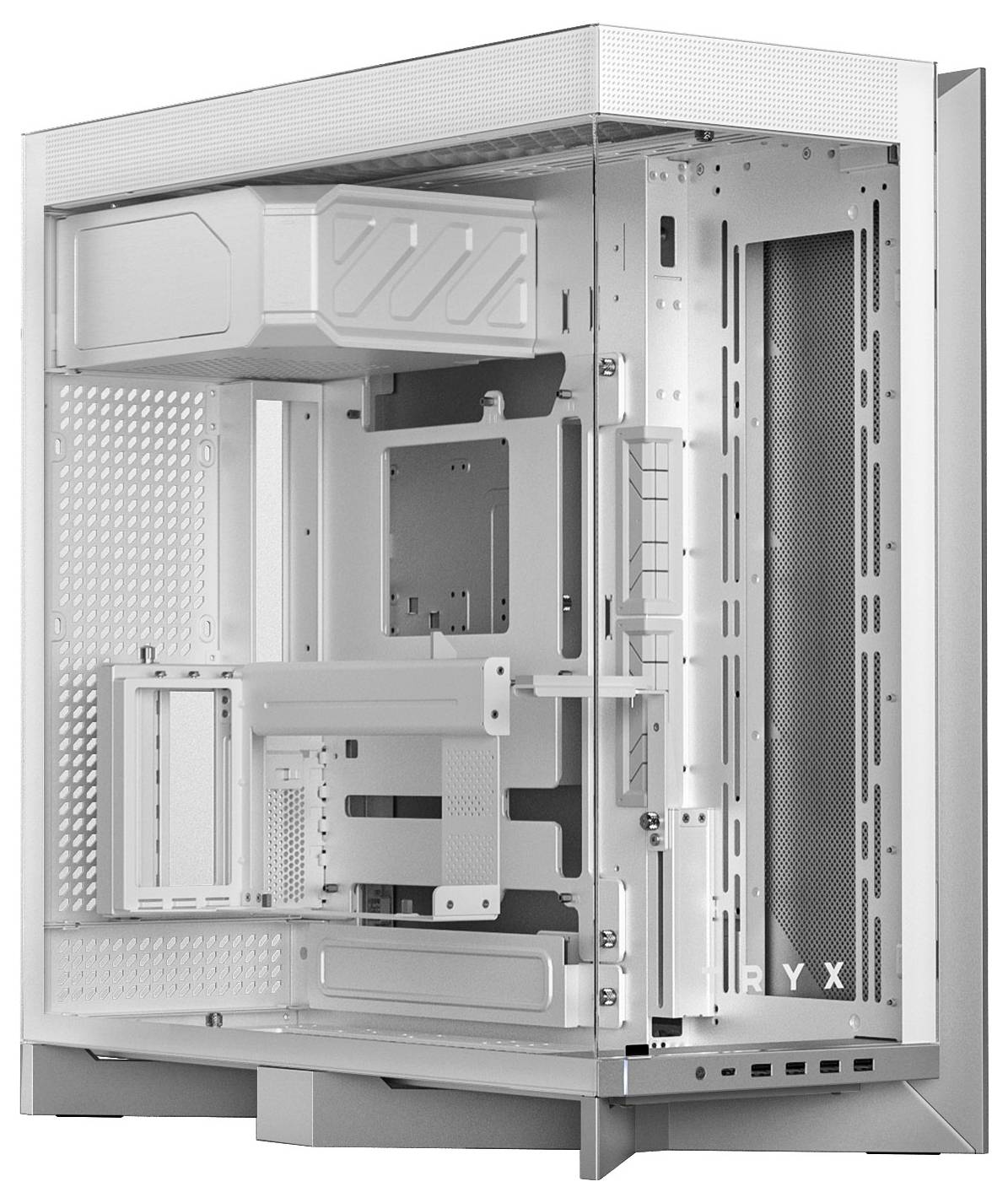Un boîtier d'ordinateur blanc avec un panneau latéral transparent, montrant plusieurs emplacements et compartiments pour l'installation de composants matériels.
