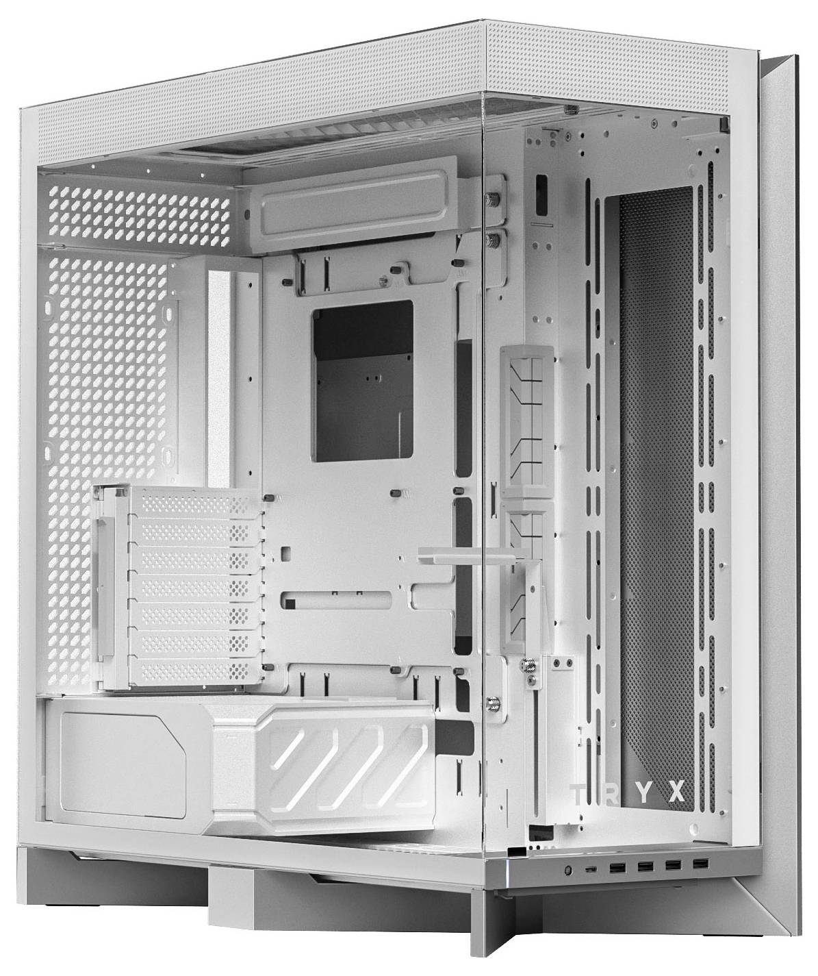 Un boîtier d'ordinateur blanc avec plusieurs trous de ventilation, des emplacements intérieurs pour les composants, et un panneau transparent permettant de voir à l'intérieur du boîtier.