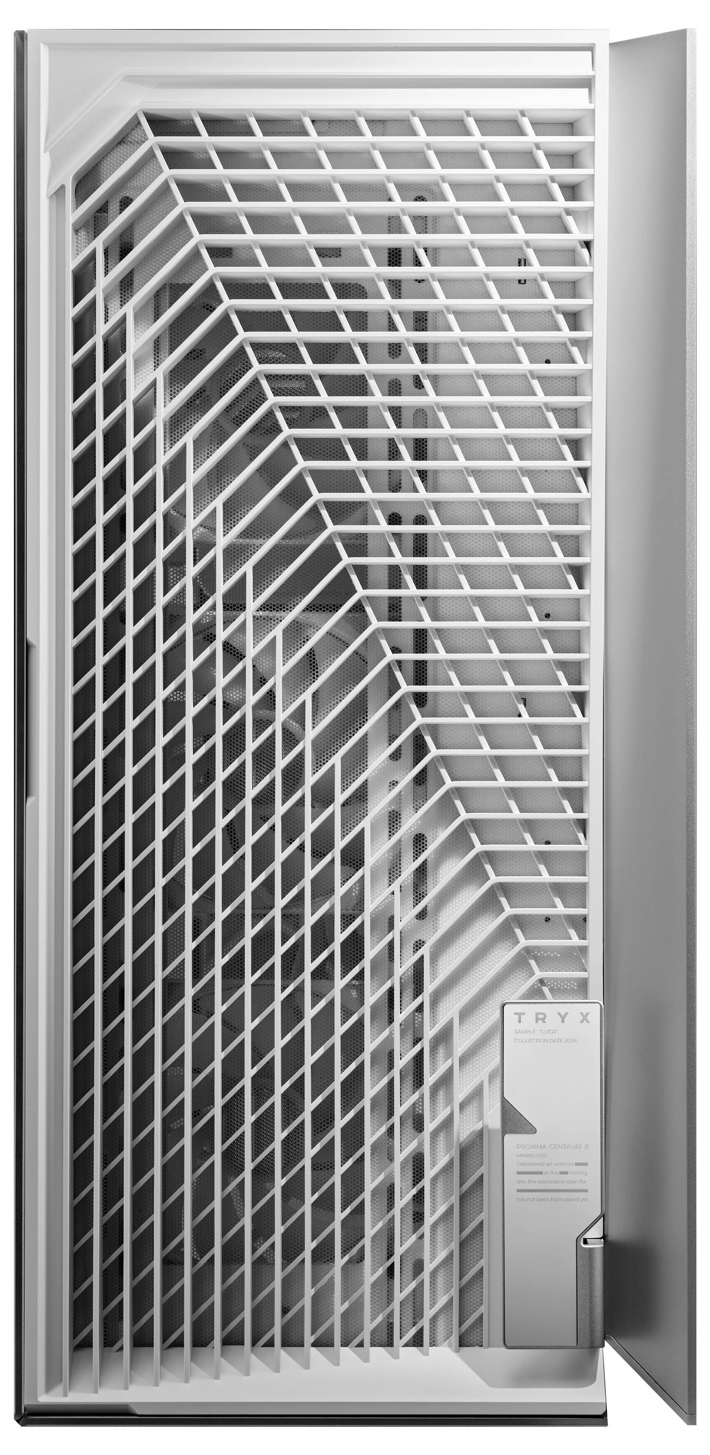 Une armoire de rangement métallique blanche, verticale, avec un design de porte en grille et un petit panneau de contrôle sur le côté.