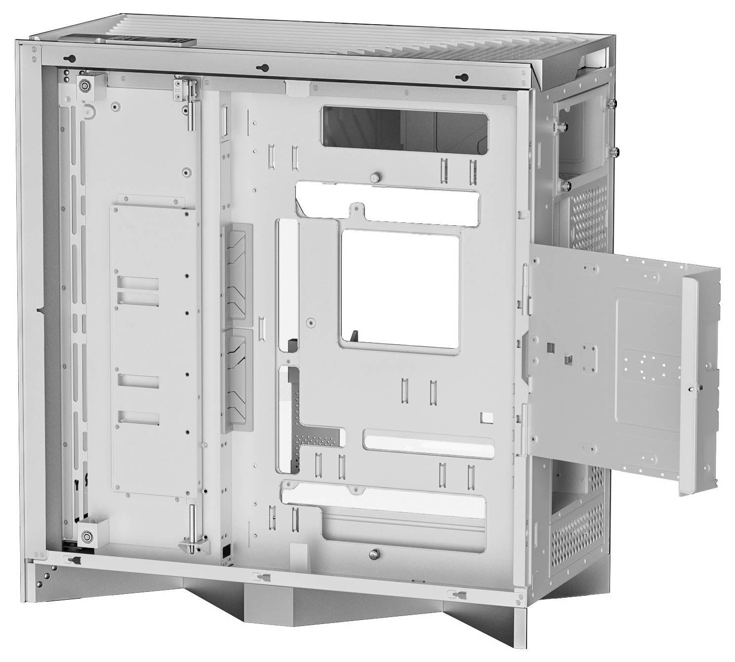 Un boîtier d'ordinateur avec un panneau latéral ouvert, révélant un intérieur spacieux pour des composants tels qu'une carte mère et des disques durs, avec des emplacements pour la gestion des câbles.