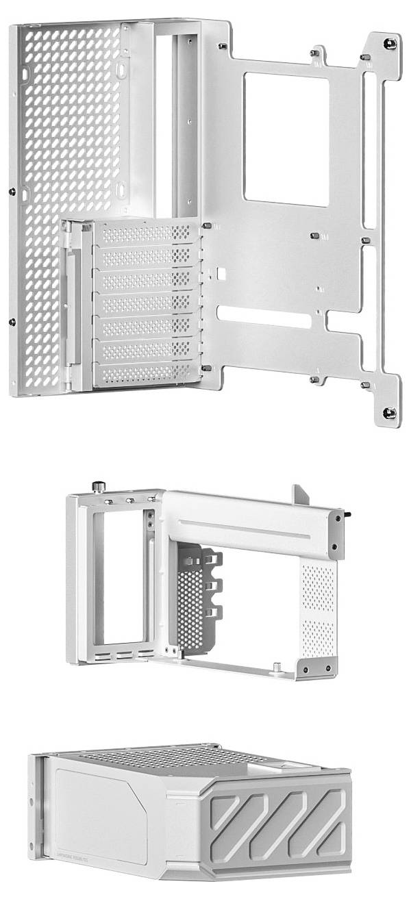 Un châssis d'ordinateur en argent avec des fentes de ventilation, plusieurs emplacements d'extension et un compartiment pour composants supplémentaires.