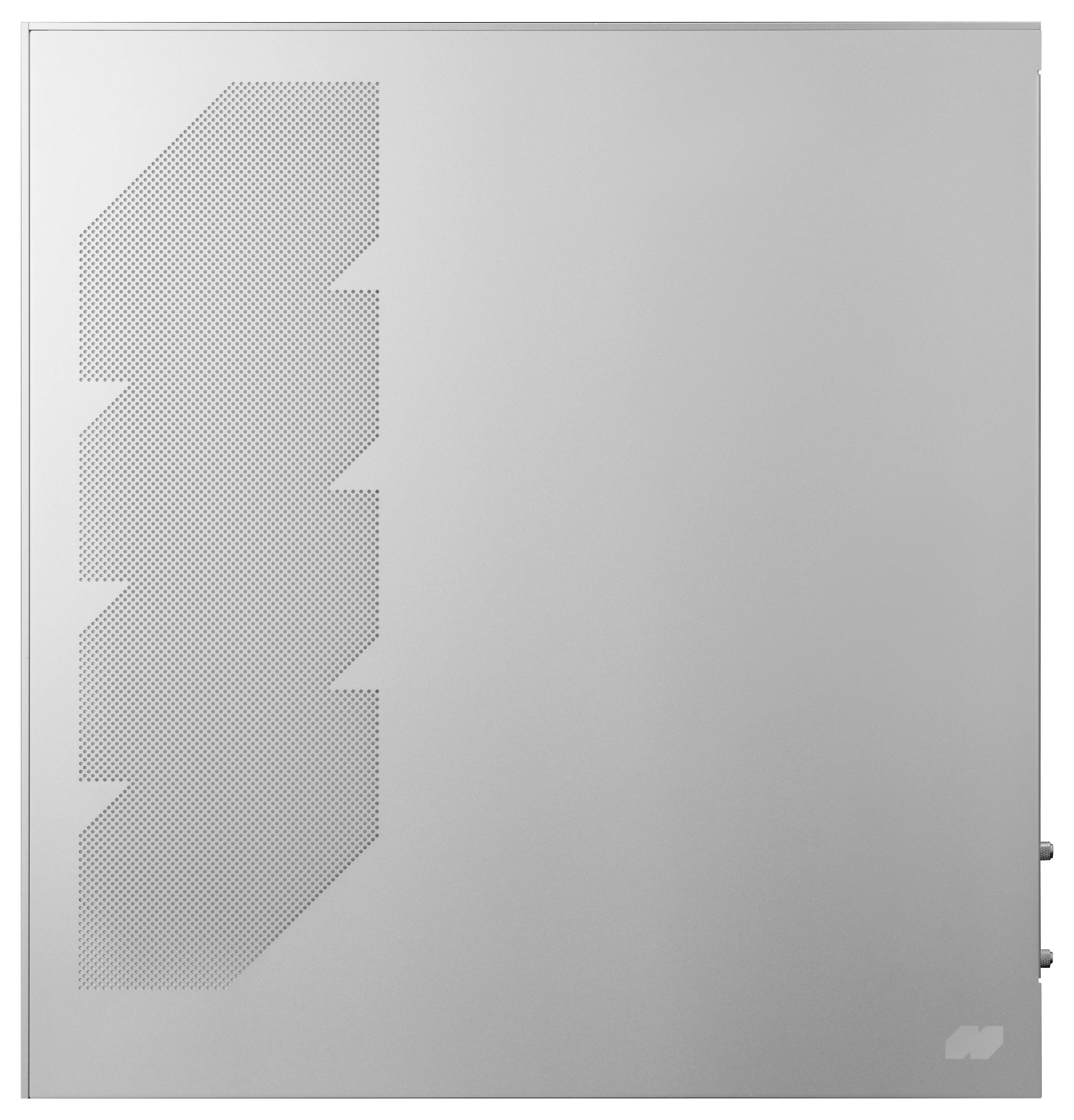 Un panneau latéral de boîtier d'ordinateur minimaliste, de couleur gris clair, présentant un motif de ventilation géométrique sur la gauche, sans poignées ni marquages visibles.