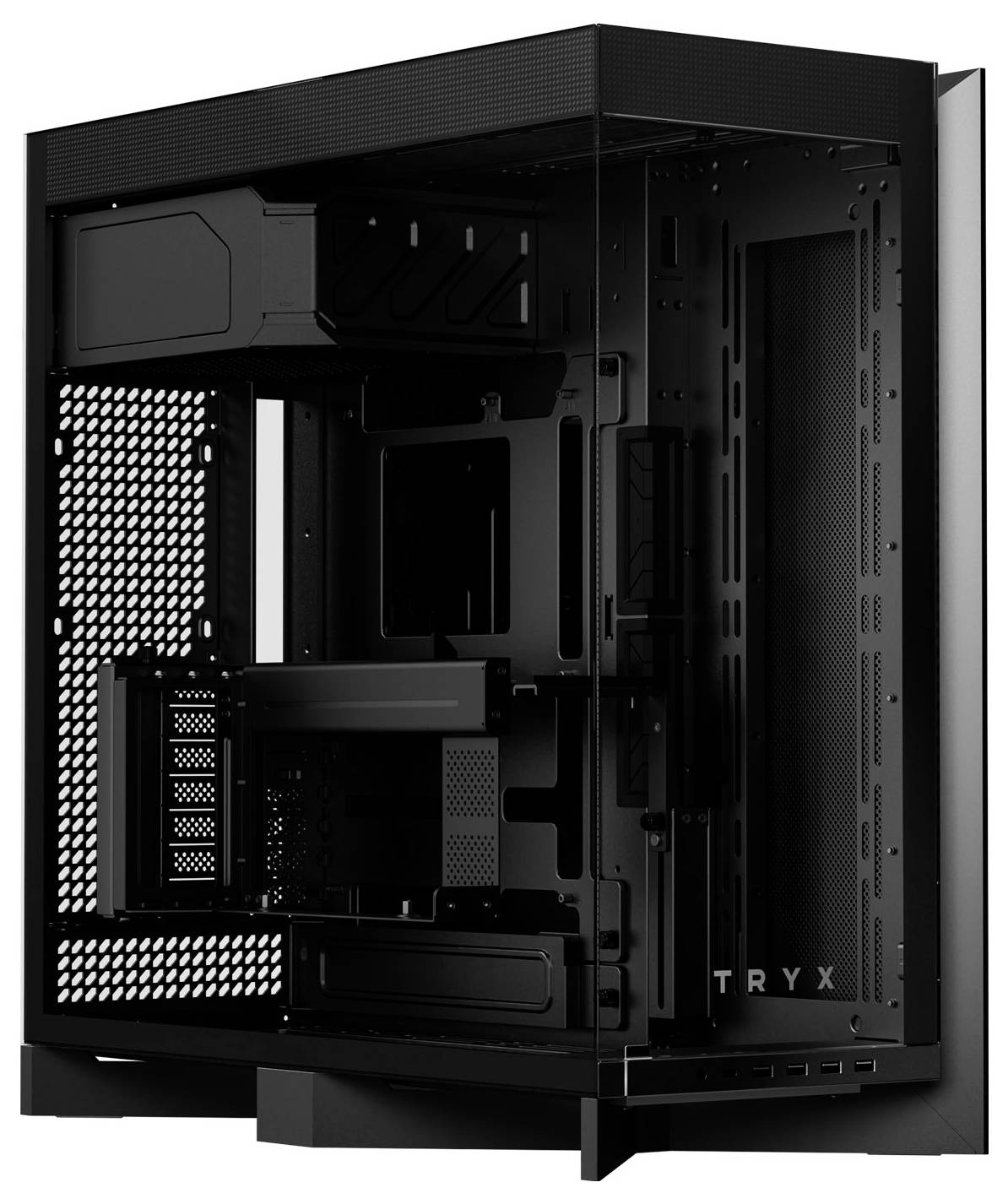 Un boîtier d'ordinateur noir présentant un design minimaliste avec un panneau latéral transparent, mettant en valeur plusieurs compartiments pour les composants.