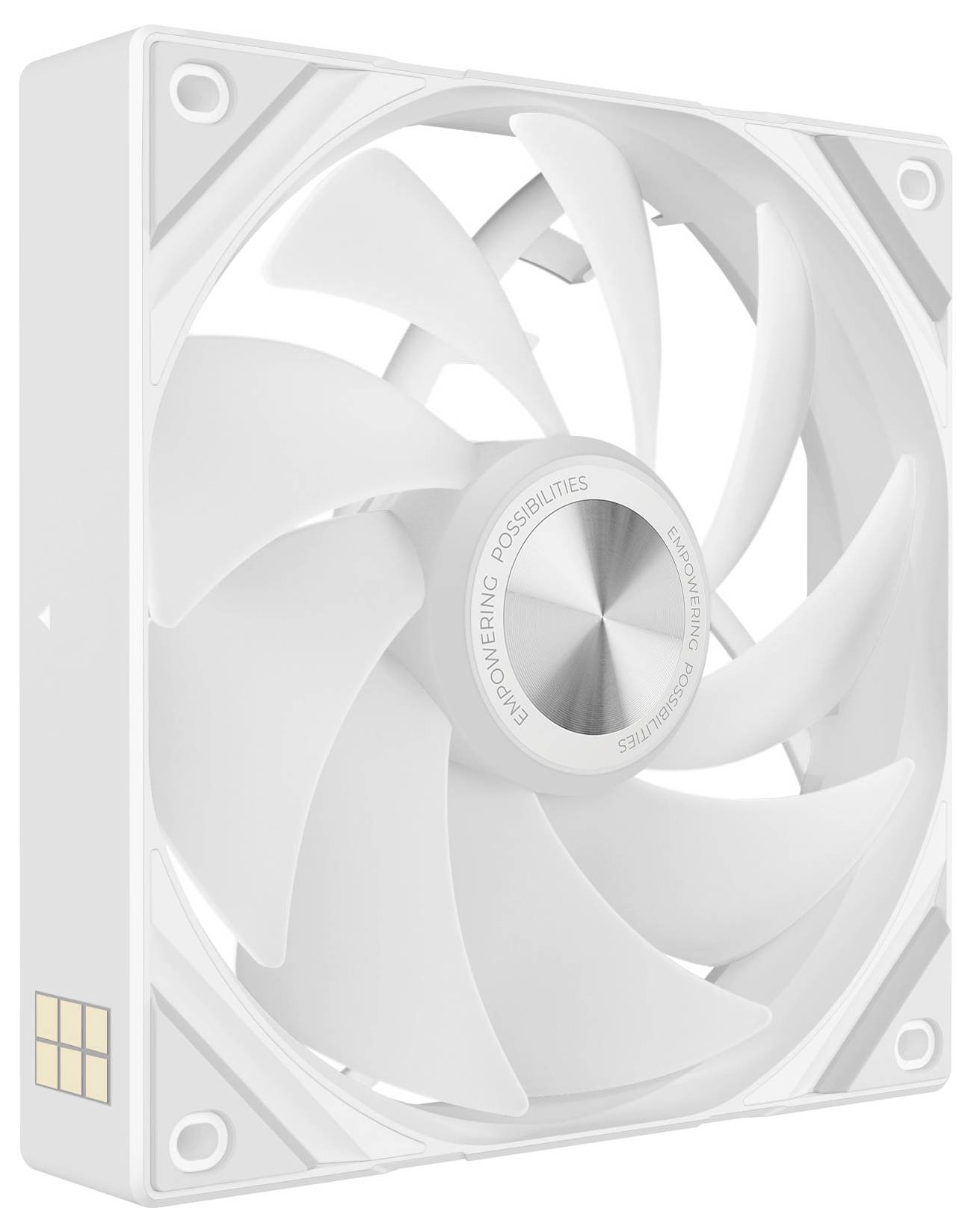 Un ventilateur de refroidissement blanc avec des pales courbes, enfermé dans un cadre carré, portant l'inscription « Libérer les Possibilités » sur le moyeu central.