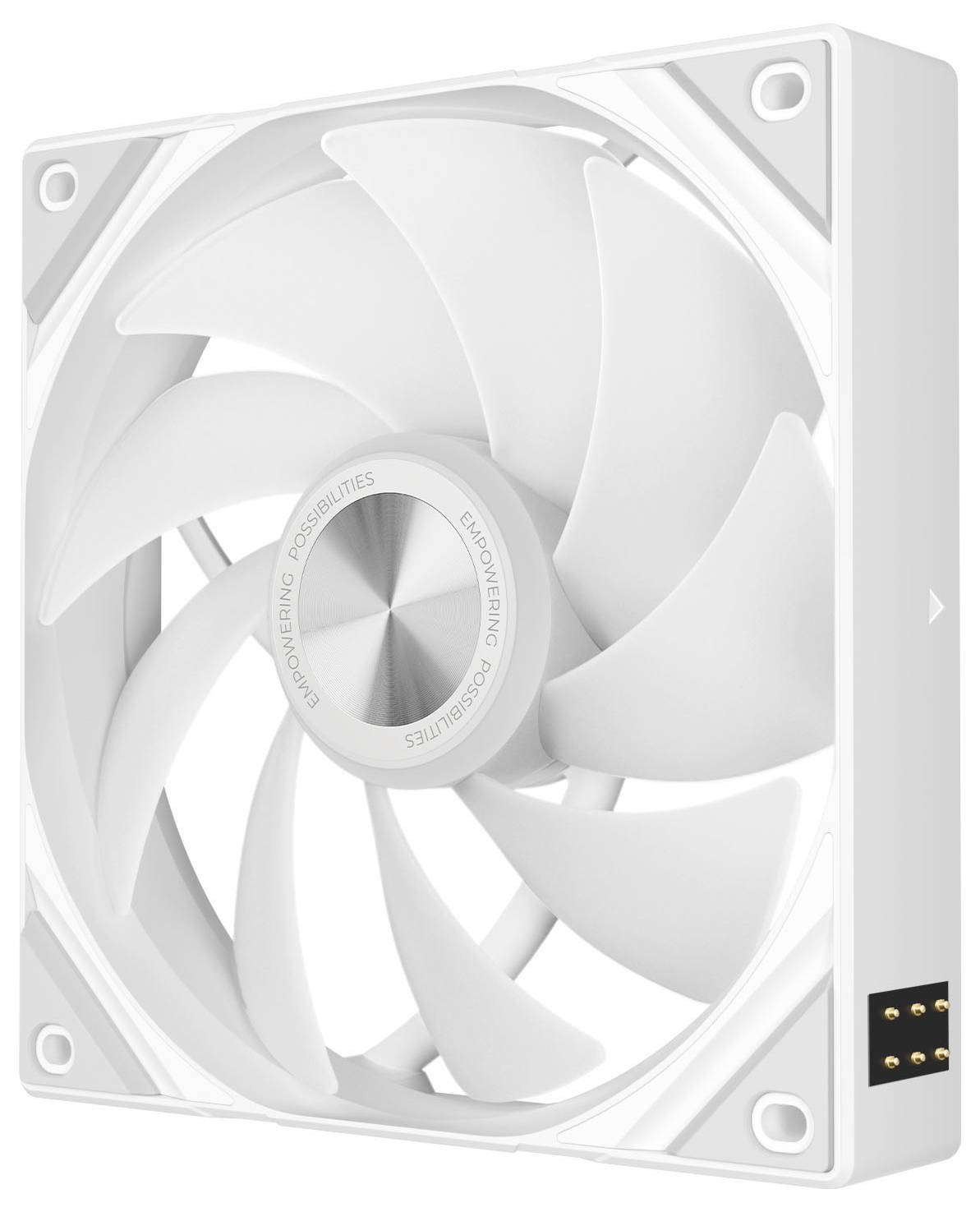Un ventilateur de refroidissement blanc à pales multiples et un cadre carré, présentant un connecteur d'alimentation à quatre broches. Les mots « Donner des possibilités » sont inscrits sur le moyeu central.