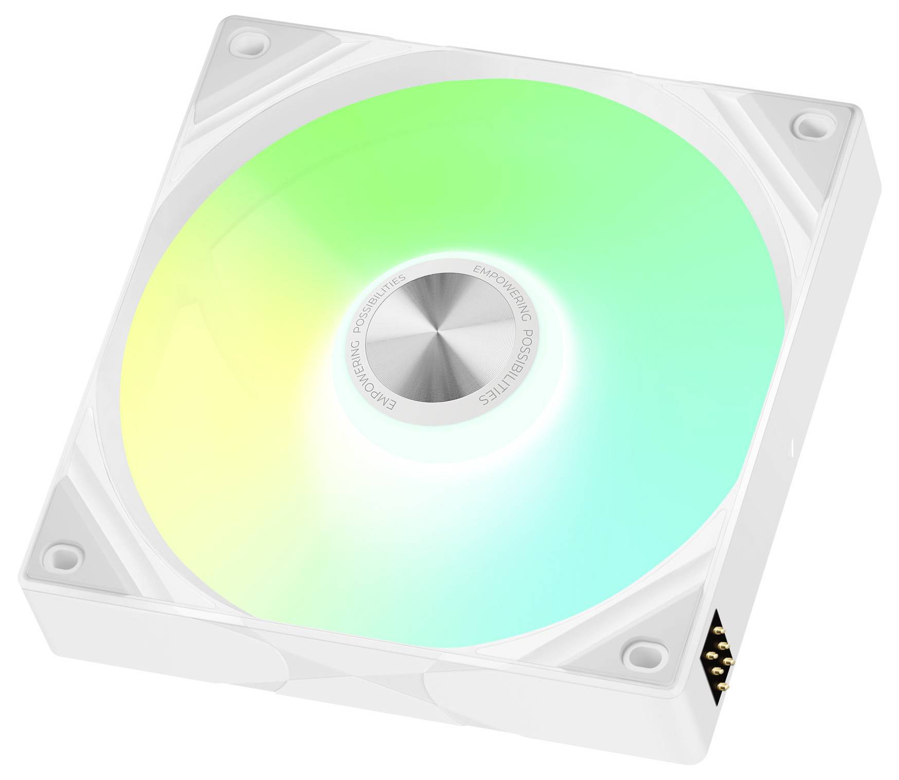 Un ventilateur de boîtier d'ordinateur avec un éclairage néon vert et jaune, logé dans un cadre blanc, conçu pour le refroidissement et l'amélioration esthétique des PC.