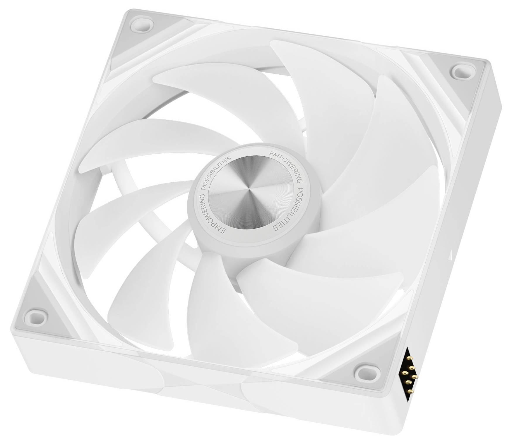 Un ventilateur de refroidissement blanc pour ordinateur, doté d'un design circulaire à multi-pales, présentant un moyeu central et quatre trous de fixation aux coins.