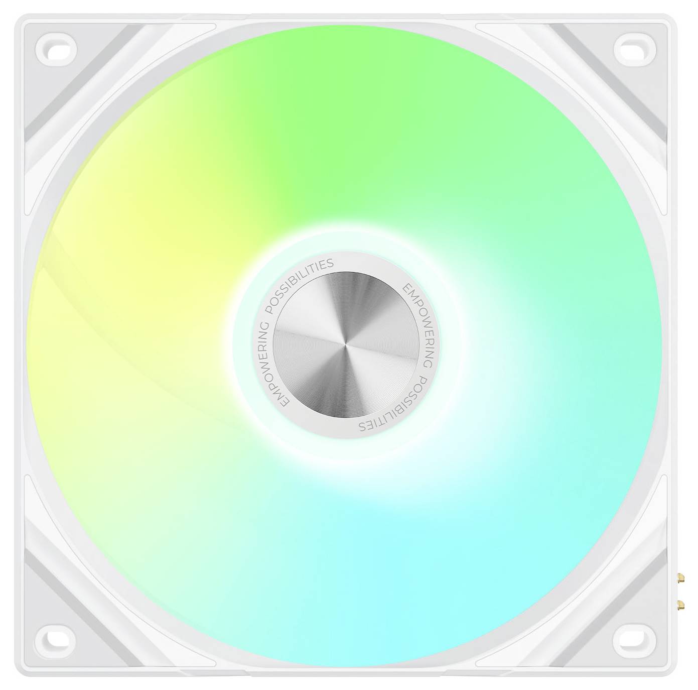 Un ventilateur de refroidissement d'ordinateur avec des lumières LED multicolores en vert, cyan et jaune, affichant le texte « Favoriser les Possibilités » autour du centre.