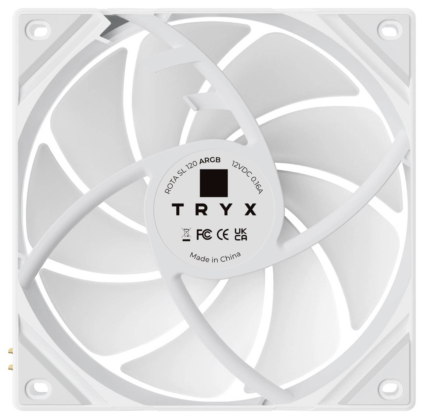 Ventilateur de refroidissement pour ordinateur étiqueté « ROTA SL-120 ARGB » avec des symboles de certification et le texte « Fabriqué en Chine » au centre.
