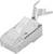 Connecteur RJ45 avec un blindage métallique pour câbles ethernet, comprenant un loquet en plastique et un ergot métallique pour sécuriser la connexion dans les appareils réseau.