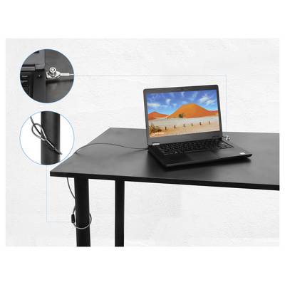Un ordinateur portable affichant un paysage désertique est sécurisé sur une table noire à l'aide d'un câble antivol. Des gros plans montrent le mécanisme du verrou et le placement du câble.