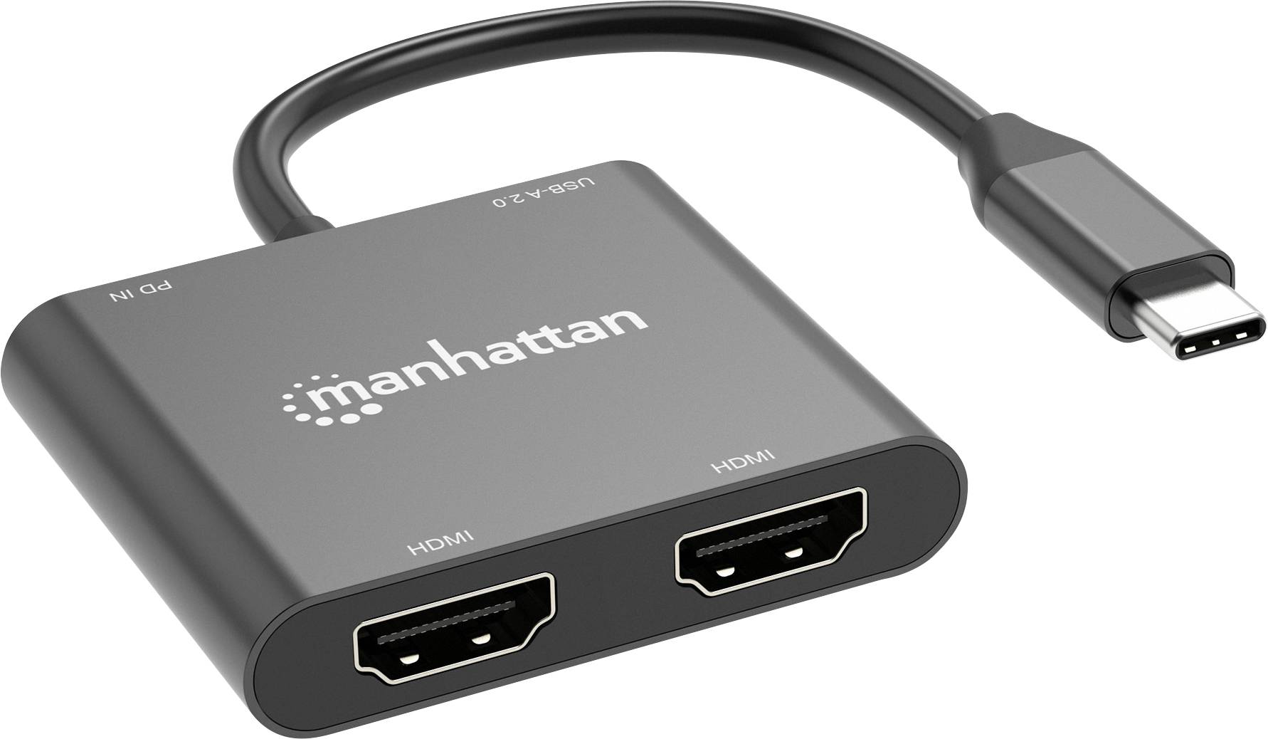 Adaptateur USB-C vers double HDMI avec un câble noir ; marquage Manhattan sur la surface ; adapté pour connecter des appareils à des écrans HDMI.