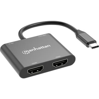 Adaptateur USB-C vers double HDMI avec un câble noir ; marquage Manhattan sur la surface ; adapté pour connecter des appareils à des écrans HDMI.