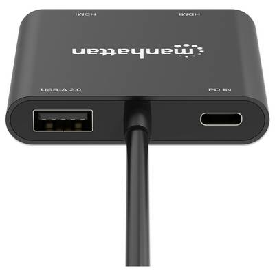 Un adaptateur Manhattan USB-C noir propose deux ports HDMI, un port USB-A 2.0 et un port de charge 'PD IN', utile pour connecter plusieurs appareils.