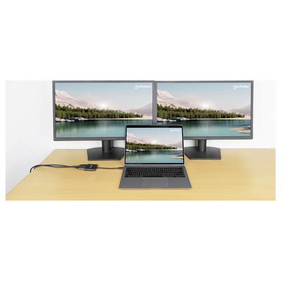 Un ordinateur portable connecté à deux écrans affichant des paysages identiques de lac et de montagnes, démontrant la capacité de configuration multi-écrans.