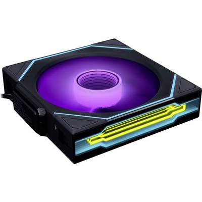 Un ventilateur de refroidissement d'ordinateur carré, noir, avec un éclairage LED violet et des accents néon bleu et jaune, conçu pour un flux d'air efficace.
