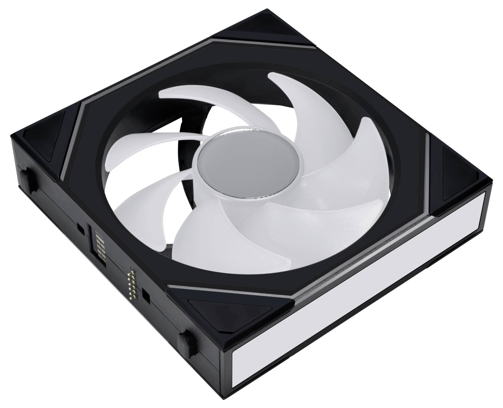 Un ventilateur de refroidissement pour ordinateur avec des pales blanches logées dans un cadre carré noir, conçu pour être utilisé dans des appareils électroniques afin de dissiper la chaleur.