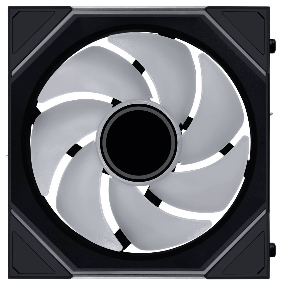 Un ventilateur de refroidissement d'ordinateur avec neuf pales blanches disposées dans un cadre carré noir, conçu pour dissiper la chaleur des composants informatiques.