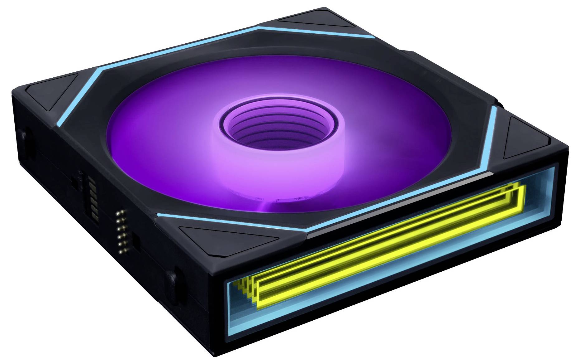 Un dispositif électronique carré noir avec un voyant circulaire violet sur le dessus et une caractéristique linéaire bleu-jaune lumineuse sur le côté.