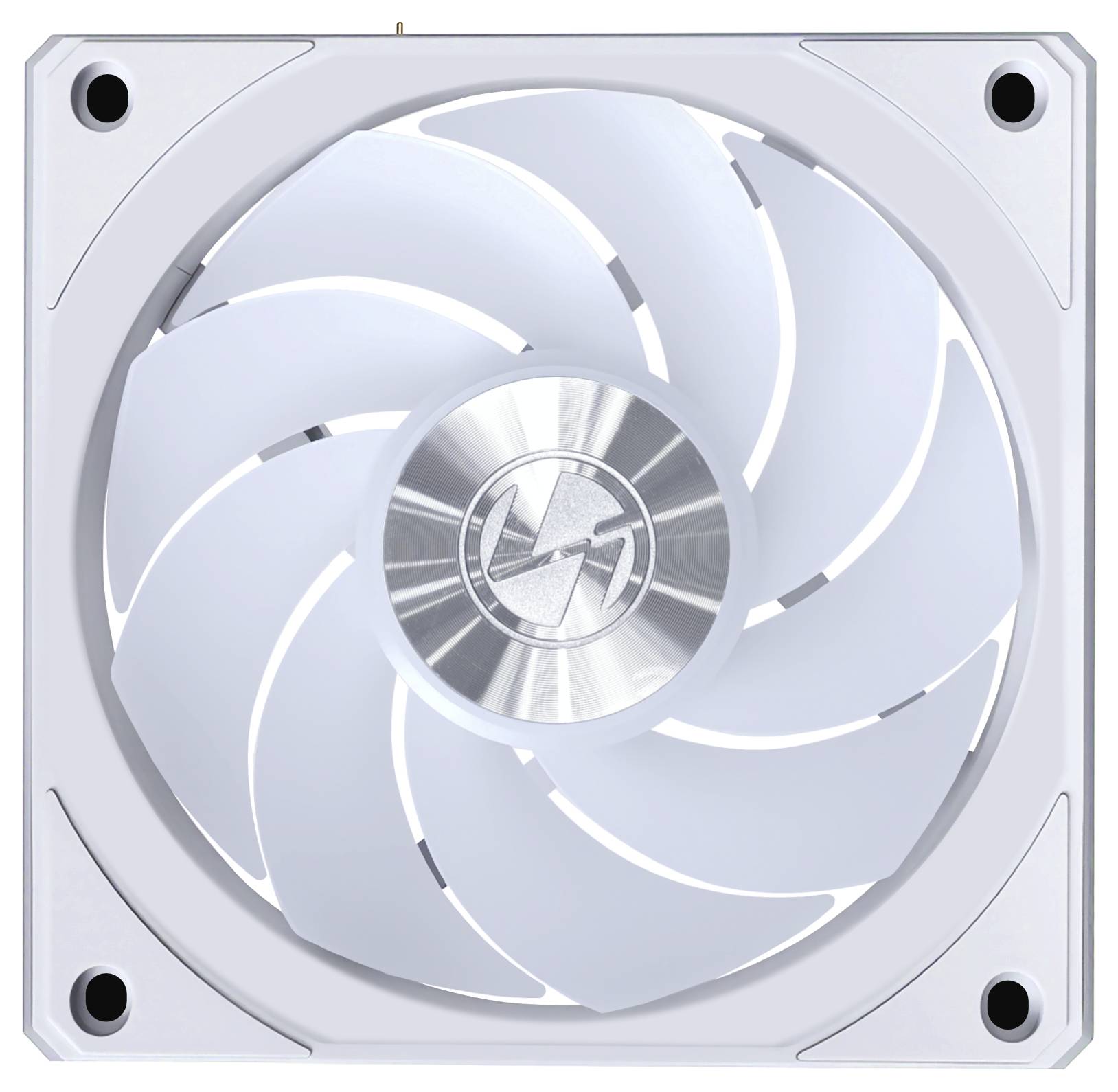 Un ventilateur de refroidissement blanc pour ordinateur, avec des pales en spirale et un logo central, monté dans un cadre carré.