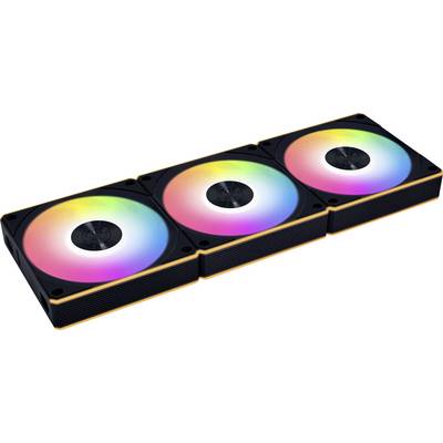 Trois ventilateurs de refroidissement attachés avec des touches orange, chacun doté de lumières LED multicolores créant un effet dégradé du centre vers le bord.