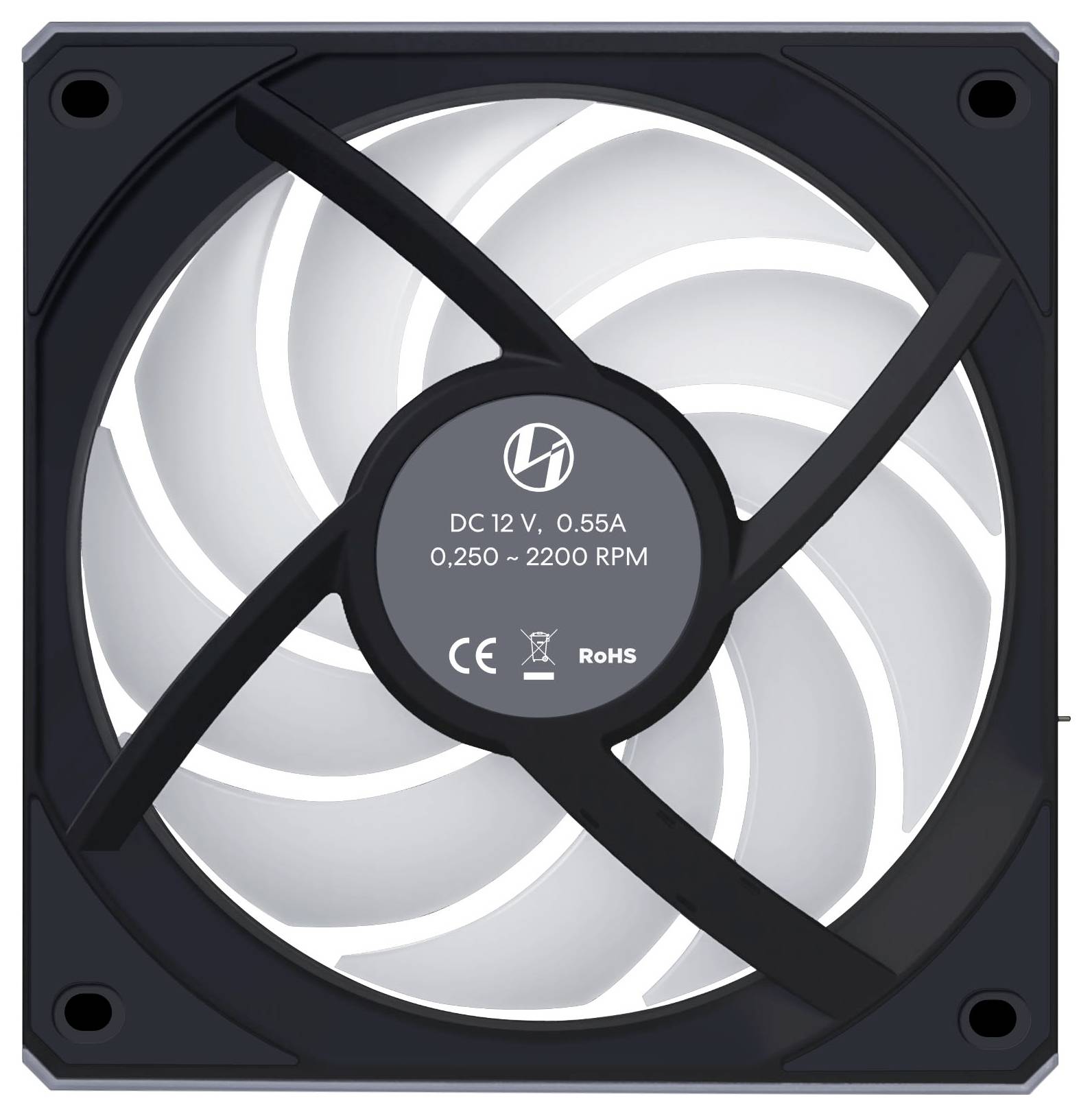 Un ventilateur de refroidissement noir pour ordinateur avec des pales blanches, étiqueté « DC 12 V, 0,55 A, 0,250~2200 tr/min », portant les marquages CE et RoHS.