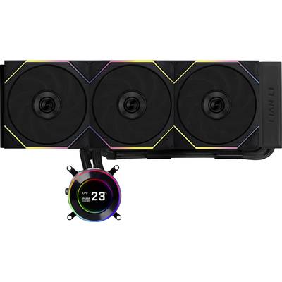 Un système de refroidissement liquide pour ordinateur, présentant un radiateur à trois ventileurs et un affichage circulaire RGB indiquant « TEMP CPU 23°C ».