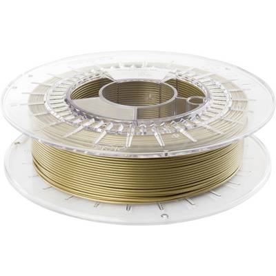 Un bobineau transparent contenant un filament d'impression 3D de couleur or, enroulé soigneusement, avec des plaques latérales transparentes pour une visibilité et une protection optimales.