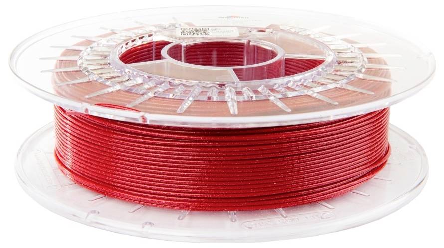 Une bobine transparente contenant du filament d'imprimante 3D rouge brillant, soigneusement enroulé et prêt à l'emploi.