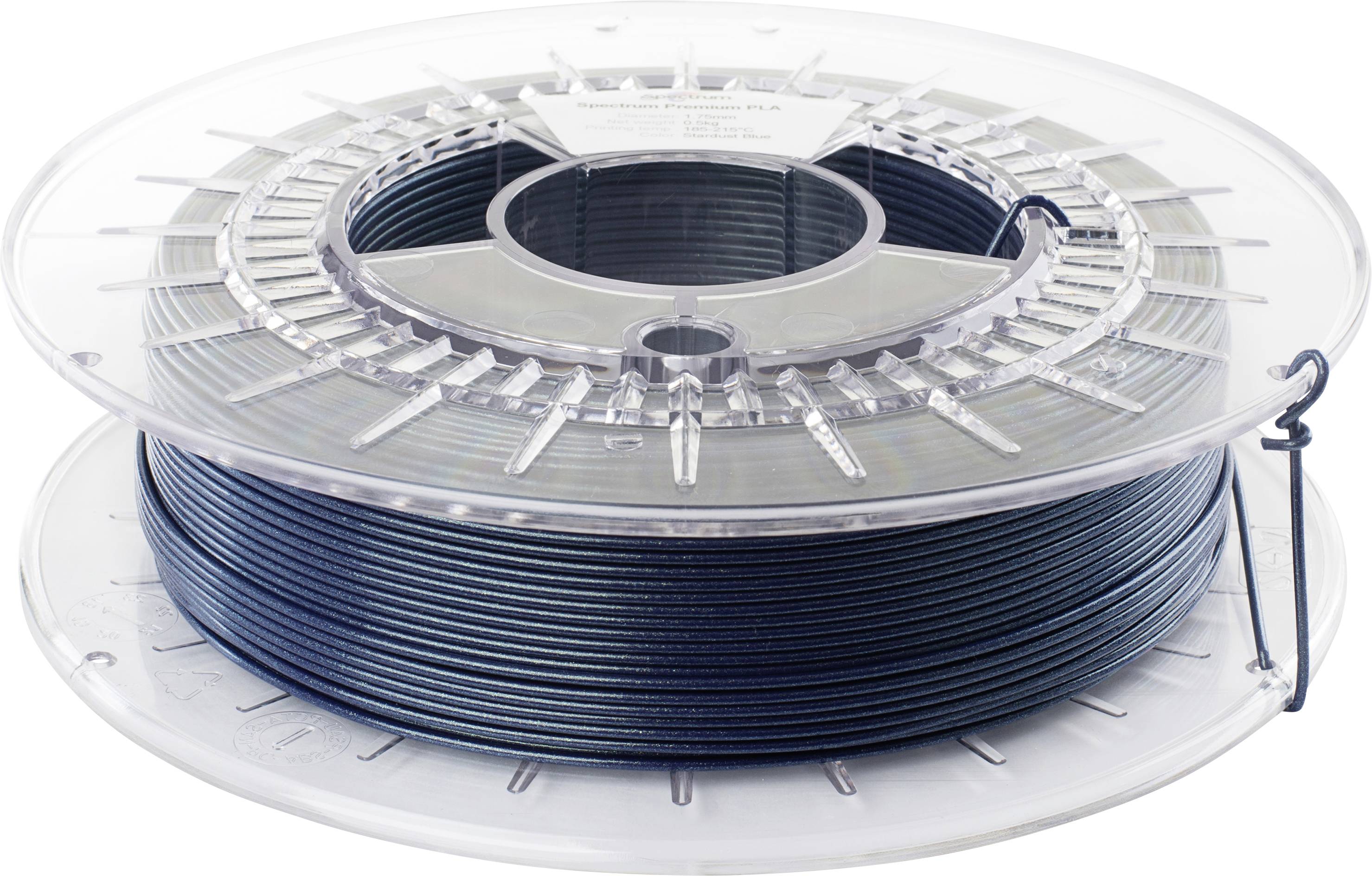 Une bobine transparente contenant du filament bleu foncé, utilisée pour l'impression 3D. Le filament est soigneusement enroulé, indiquant qu'il est neuf et inutilisé.