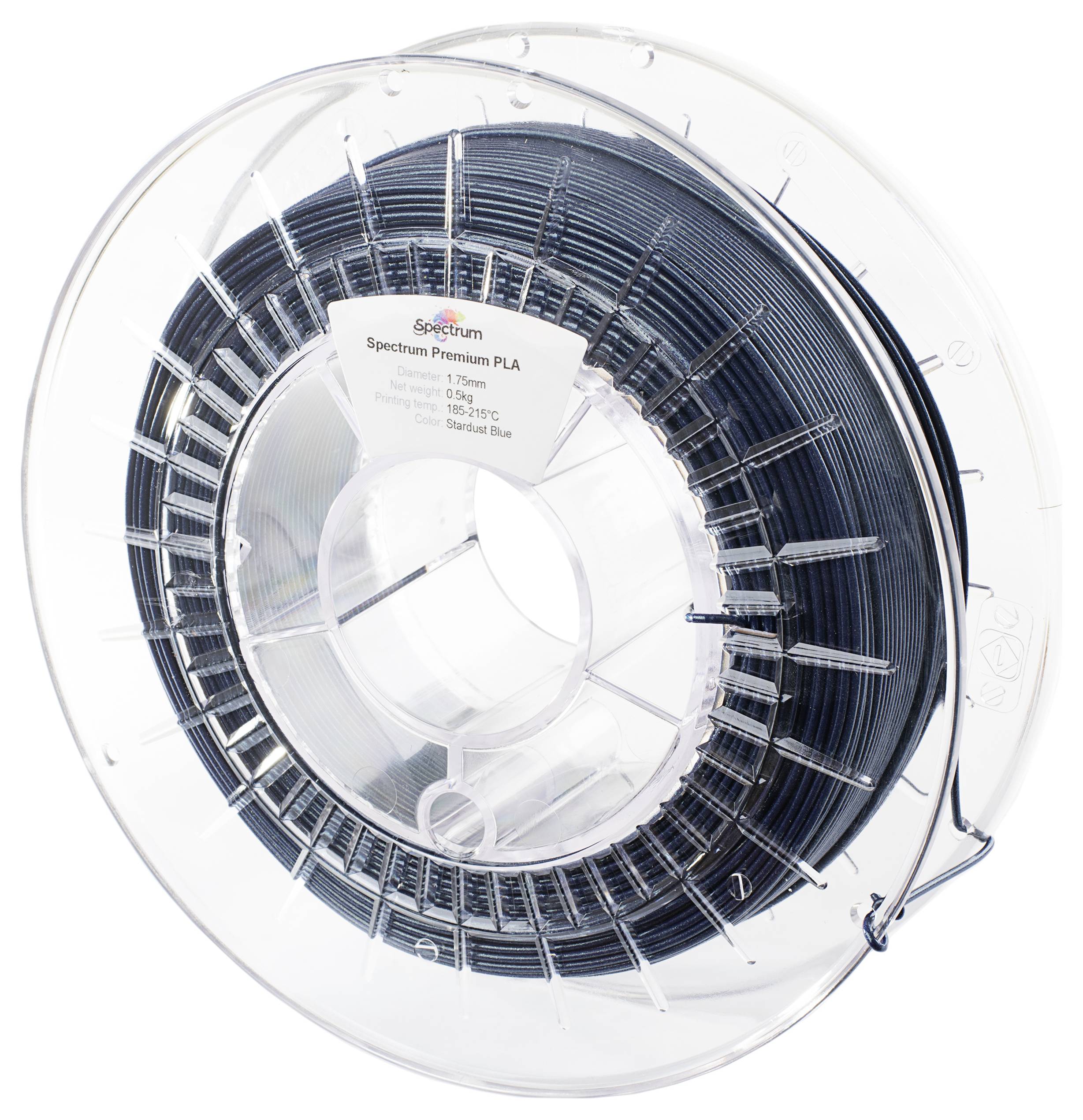 Un rouleau transparent de filament PLA Premium Spectrum de couleur bleu foncé, présentant la couleur et la marque du produit.