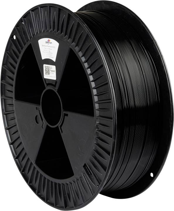 Un bobineau noir de filament pour impression 3D avec une étiquette visible et un code QR sur l'avant.