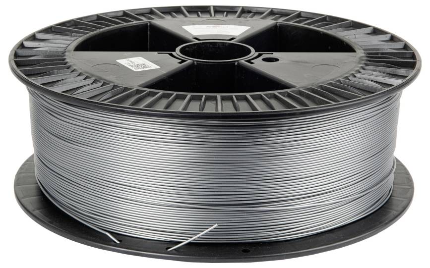 Un grand rouleau de filament d'impression 3D argenté est soigneusement enroulé sur un dévidoir en plastique noir, prêt à être utilisé dans des projets de fabrication ou d'impression 3D.
