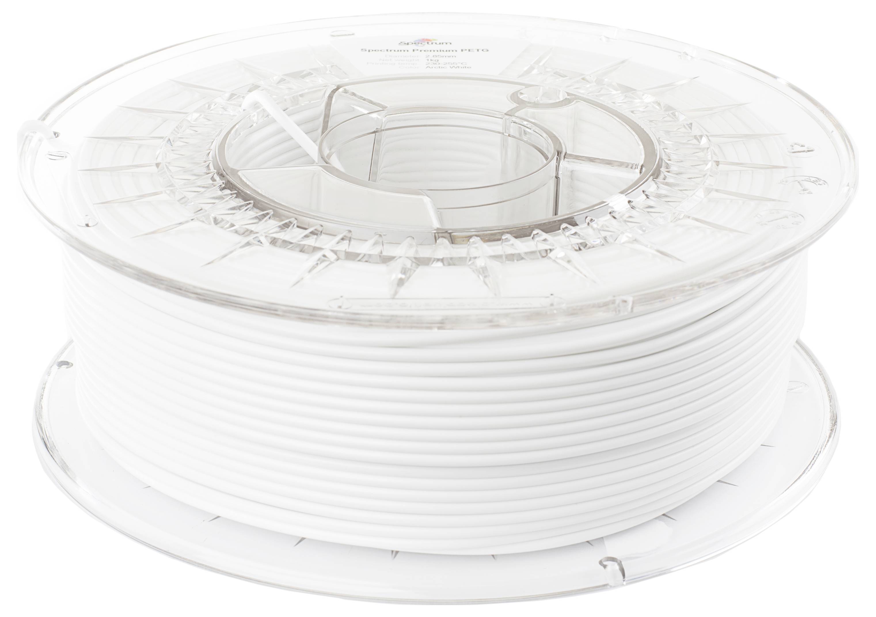 Un rouleau de filament blanc pour imprimante 3D, soigneusement enroulé et prêt à être utilisé.