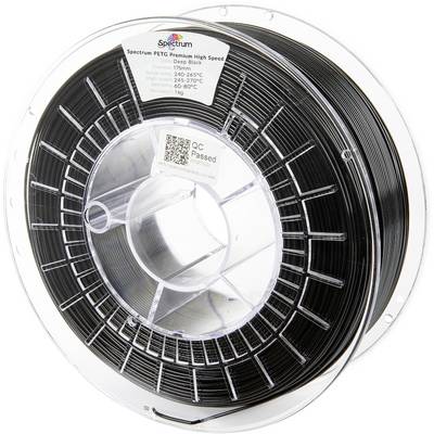 Une bobine de filament d'imprimante 3D noir étiquetée « Spectrum PETG Premium High Speed ». Plage de température : 230-250°C, plateau : 65-80°C.