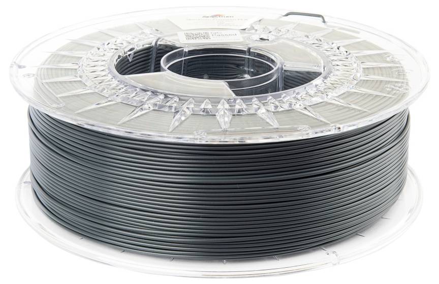 Un rouleau de filament noir pour imprimante 3D, enroulé soigneusement, sur une bobine transparente en plastique, destiné à être utilisé dans des machines d'impression 3D.